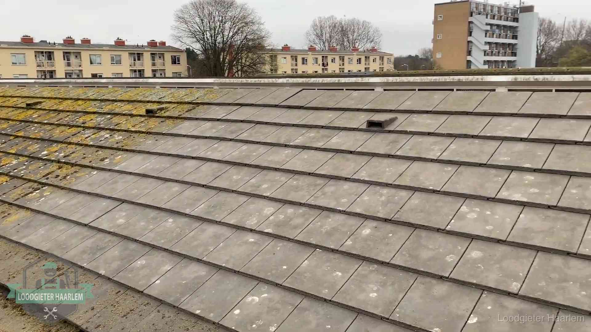 Schuin dak met betonpannen vol mos in Haarlem, een risico op lekkage bij de pannen