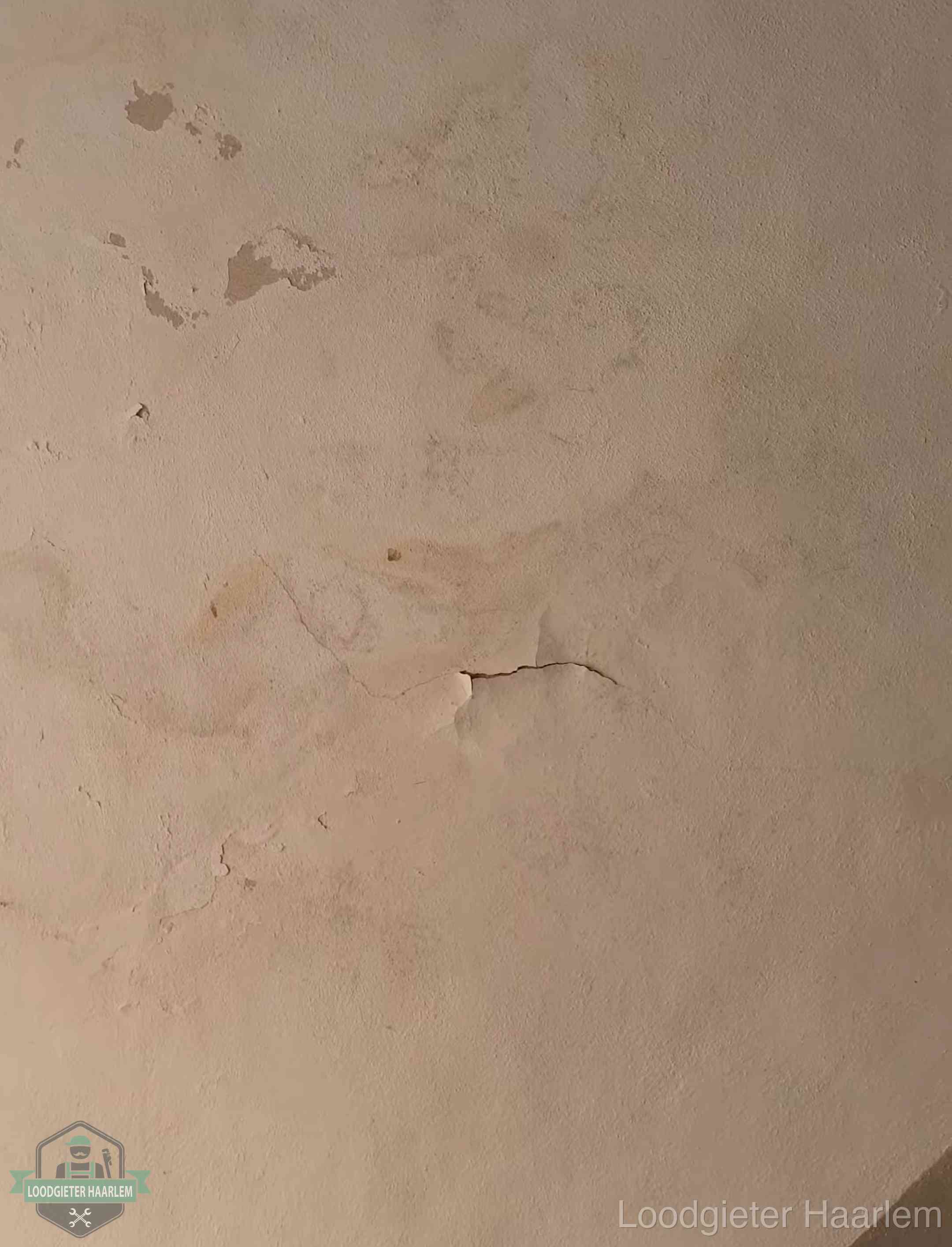 Vochtkringen en afbladderende verf op een plafond in Haarlem, schade voor het meetrapport en de verzekering